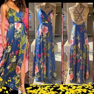 Lulus BEAUTIFUL Blue Floral Satin Still the One Wrap Maxi Dress Varies Sizes